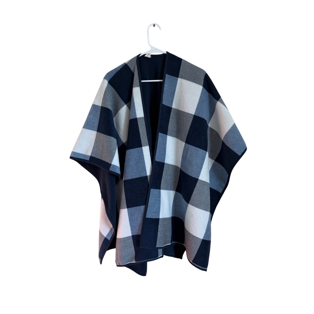 Woolrich Reversible Fleece Poncho Navy Blue Buffalo Check Plaid Wrap One Size